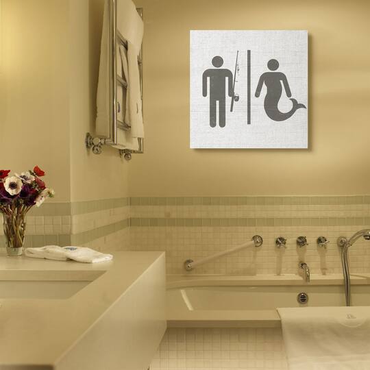 Stupell Industries Rustic Fisherman or Mermaid Bathroom Sign Grey White Canvas Wall Art